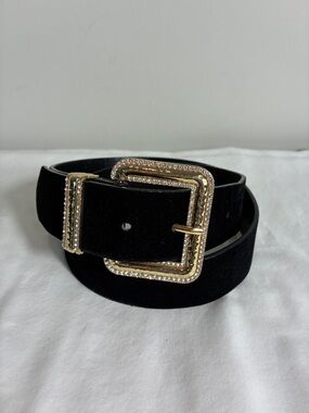 Zara Womens belt 41” long Black velvet with Gold buckle rhinestones glam bling